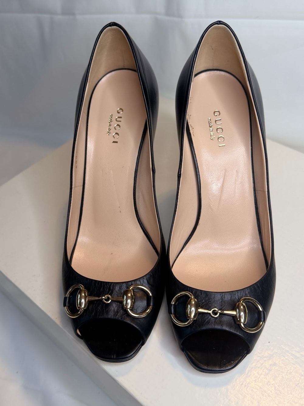 Gucci Black Leather Peep-Toe Pumps with Gold Horsebit Detail
